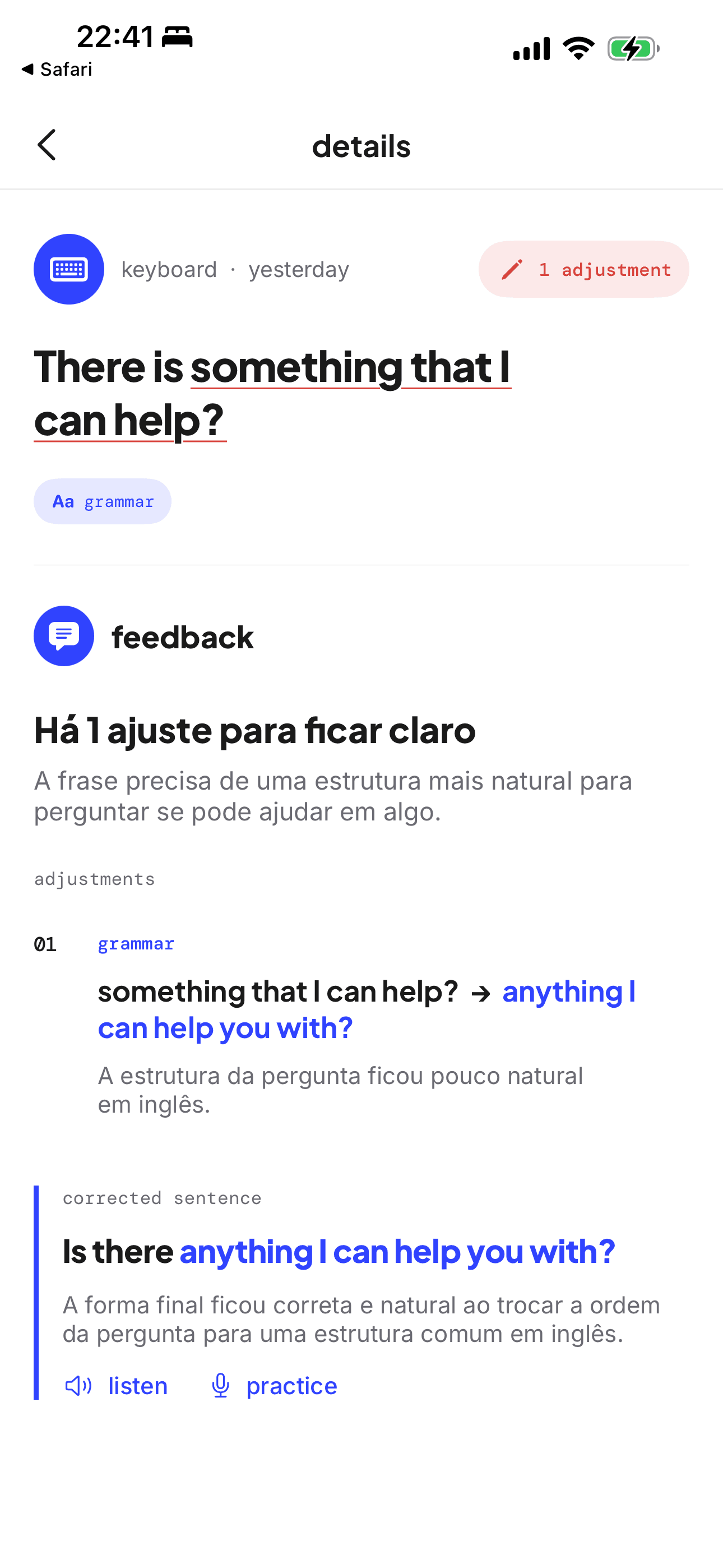 app screen · a correction in detail